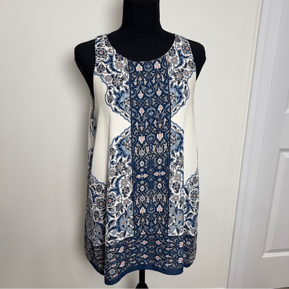 Max Studio Navy and Light Pink Printed Lined Tank Boho Floral Medium Womens